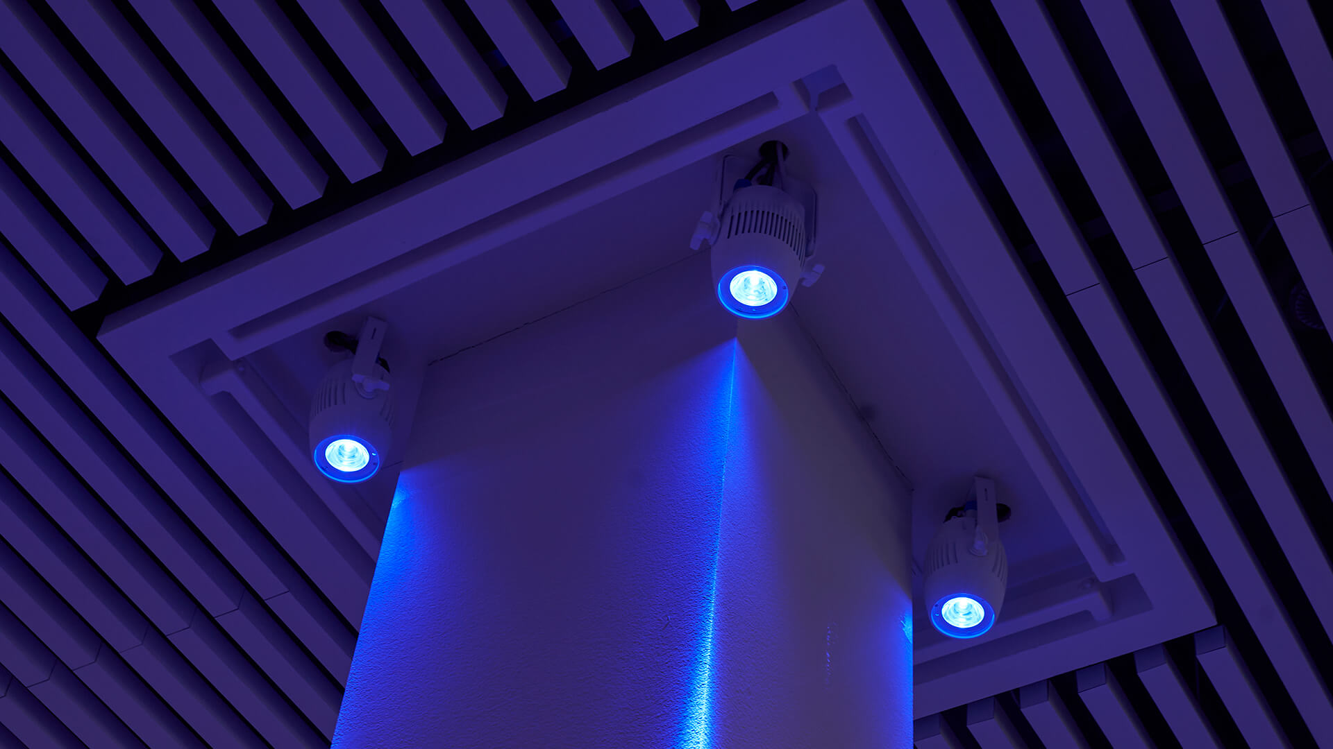 Lamper i loftet, der lyser blåt lys ned af en søjle